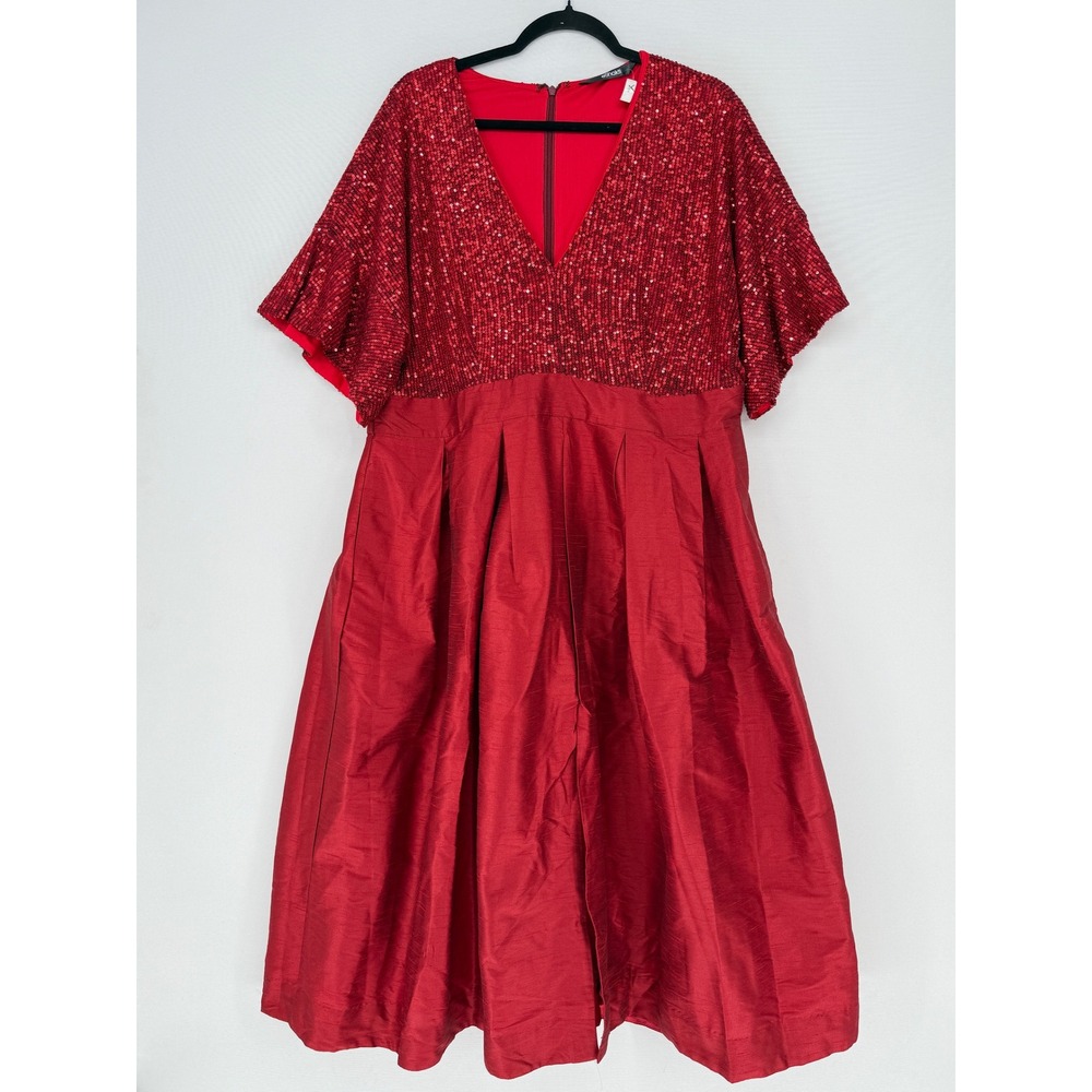 eShakti Fit Flare Dress Women XL Red Sequin Bodice Dupioni Holiday Glam NEW